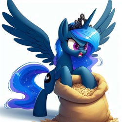 Size: 1024x1024 | Tagged: safe, ai content, derpibooru import, generator:bing image creator, generator:dall-e 3, machine learning generated, princess luna, alicorn, pony, angry, bag, female, food, jewelry, luna eats oats, mare, oats, prompter:k.r.e.d.k.e, regalia, spread wings, wings, wrong eye color, yelling