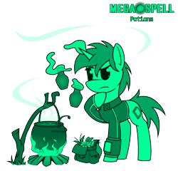 Size: 5000x4800 | Tagged: safe, artist:dacaoo, derpibooru import, oc, oc only, oc:littlepip, pony, unicorn, fallout equestria, absurd resolution, bonfire, clothes, fire, flower, jumpsuit, magic, megaspell (game), monochrome, pip-pony, pipbuck, potion, simple background, telekinesis, thinking, transparent background, vault suit