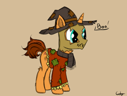 Size: 746x564 | Tagged: safe, artist:gotyx96, derpibooru import, oc, oc only, oc:autumn falls, pony, unicorn, clothes, costume, ear fluff, ears, halloween, halloween costume, holiday, male, nightmare night, nightmare night costume, ponytober, ponytober 2023, scarecrow, scarf, solo, stallion