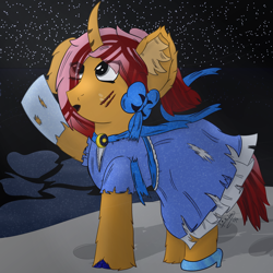 Size: 4000x4000 | Tagged: safe, artist:spiroudada, derpibooru import, oc, oc:dolly hooves, pony, unicorn, bow, clothes, cold, cute, dress, ice, night, scratches, shoes, solo, winter