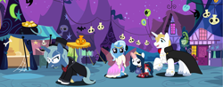 Size: 3560x1392 | Tagged: safe, artist:marbowsta, derpibooru import, prince blueblood, trixie, oc, oc:speller blueblood, oc:ursula magic, bluetrix, family, female, male, nightmare night, offspring, parent:prince blueblood, parent:trixie, parents:bluetrix, shipping, straight