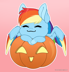 Size: 1428x1500 | Tagged: safe, artist:volodyanocturne, derpibooru import, rainbow dash, pegasus, pony, chibi, commission, crossed hooves, eyes closed, feathered wings, female, gradient background, halloween, holiday, jack-o-lantern, multicolored hair, pegasus wings, pumpkin, rainbow hair, smiling, solo, spread wings, wings, ych result