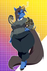 Size: 2347x3500 | Tagged: safe, artist:vapplepie, derpibooru import, oc, oc only, oc:mint petal, anthro, pony, python, snake, unicorn, chubby, clothes, glasses, glowing, glowing horn, horn, suit, unshorn fetlocks, wide hips