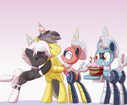 Size: 1999x1660 | Tagged: safe, artist:trackheadtherobopony, derpibooru import, oc, oc:onyx star, oc:silverstream, oc:thunder, oc:trackhead, pegasus, pony, robot, robot pony, birthday, cake, food, hat, party hat