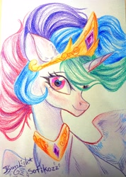 Size: 2749x3856 | Tagged: safe, artist:jsunlight, artist:sofiko-ko, derpibooru import, princess celestia, alicorn, pony, collaboration, solo, traditional art