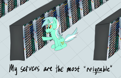 Size: 2732x1763 | Tagged: safe, artist:ponycolton, derpibooru import, lyra heartstrings, pony, unicorn, computer, pun, server, sitting, solo, text