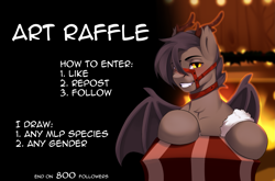 Size: 2285x1511 | Tagged: safe, artist:orhi_fw, derpibooru import, oc, oc only, oc:nightdare, bat pony, antlers, christmas, fire, fireplace, holiday, male, prize, raffle, solo