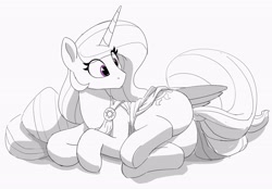 Size: 4096x2854 | Tagged: safe, artist:pabbley, derpibooru import, princess celestia, alicorn, pony, g4, butt, dock, eye clipping through hair, female, grayscale, looking back, lying down, mare, monochrome, on side, partial color, plot, simple background, solo, sunbutt, tail, white background