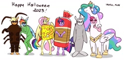 Size: 2048x988 | Tagged: safe, artist:lrusu, derpibooru import, applejack, fluttershy, pinkie pie, princess celestia, rainbow dash, rarity, twilight sparkle, alien, anthro, cockroach, earth pony, insect, pegasus, pony, seal, unguligrade anthro, unicorn, g4, blushing, bread costume, cheese, cheese costume, closed mouth, clothes, costume, crown, eyes closed, eyeshadow, female, food, food costume, grin, group, halloween, halloween costume, hoof shoes, implied princess celestia, jewelry, makeup, mane six, mare, peytral, pony costume, regalia, sextet, simple background, smiling, standing, sunglasses, thumbs up, tiara, unamused, white background