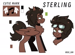 Size: 2048x1513 | Tagged: safe, artist:lrusu, derpibooru import, oc, oc only, oc:sterling, pegasus, pony, chest fluff, chin fluff, closed mouth, folded wings, goggles, goggles on head, green eyes, lidded eyes, looking at you, pegasus oc, reference sheet, side view, simple background, smiling, solo, text, white background, wings