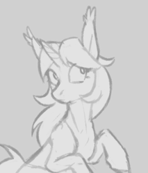 Size: 550x647 | Tagged: safe, artist:mr.catfish, derpibooru import, oc, oc only, unicorn, black and white, female, gray background, grayscale, head turn, monochrome, simple background, sketch, solo, sternocleidomastoid