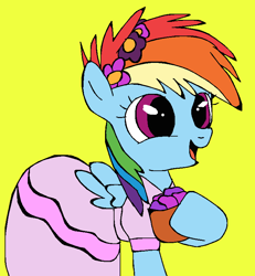 Size: 736x795 | Tagged: safe, artist:mojo1985, derpibooru import, rainbow dash, pegasus, pony, g4, age regression, clothes, cute, cuteness overload, dashabetes, dress, female, filly, flower, flower filly, flower girl, flower girl dress, flower in hair, foal, open mouth, open smile, rainbow dash always dresses in style, simple background, smiling, solo, yellow background, younger