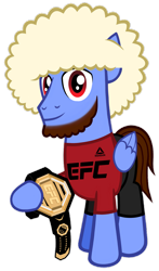 Size: 2311x3924 | Tagged: safe, artist:count oxymagomedov sear, derpibooru import, oc, oc only, oc:hoofbib searmagomedov, pegasus, pony, belt, championship belt, digital art, facial hair, hat, khabib nurmagomedov, mma, papakha, pegasus oc, simple background, solo, transparent background, ufc, wig