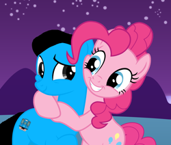 Size: 2920x2480 | Tagged: safe, artist:star-armour95, derpibooru import, pinkie pie, oc, oc:william, earth pony, pony, the summer sun setback, bipedal, female, hug, male, night, night sky, sky, smiling, stars