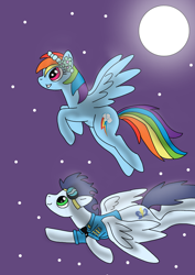 Size: 720x1017 | Tagged: safe, artist:dasher666, artist:larkawhite, derpibooru import, edit, rainbow dash, soarin', pegasus, pony, g4, female, flying, male, mare, moon, shipping, soarindash, stallion, stars, straight