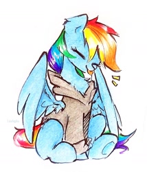 Size: 1540x1798 | Tagged: safe, artist:liaaqila, derpibooru import, rainbow dash, pegasus, pony, g4, :p, clothes, eyes closed, female, happy, hoodie, mare, signature, simple background, smiling, solo, spread wings, tongue, tongue out, traditional art, underhoof, white background, wings