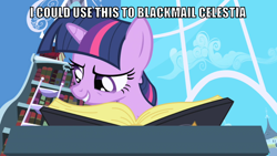 Size: 1066x600 | Tagged: safe, derpibooru import, edit, edited screencap, editor:twi clown, screencap, twilight sparkle, unicorn twilight, pony, unicorn, friendship is magic, g4, blackmail, book, bookshelf, caption, female, image macro, mare, solo, text, twilight's canterlot home