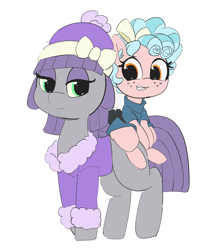 Size: 2215x2681 | Tagged: safe, artist:pabbley, color edit, derpibooru import, edit, cozy glow, maud pie, earth pony, pegasus, pony, clothes swap, colored, cozybetes, cute, duo, ear fluff, ears, female, filly, foal, freckles, mare, maudabetes, simple background, solo, white background, winter clothes, wrong eye color