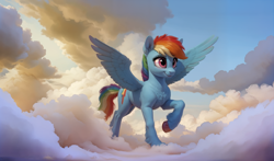 Size: 2448x1440 | Tagged: safe, ai content, derpibooru import, generator:queasyfluff, machine learning generated, rainbow dash, pegasus, pony, cloud, prompter:aiponyanon, solo, wings