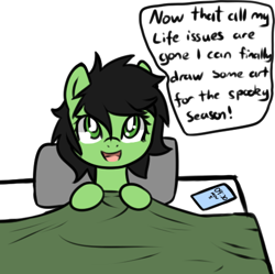 Size: 477x475 | Tagged: safe, artist:neuro, derpibooru import, oc, oc only, oc:anon filly, earth pony, pony, bed, cellphone, female, filly, foal, in bed, looking at you, open mouth, open smile, phone, simple background, smartphone, smiling, smiling at you, solo, speech bubble, talking to viewer, transparent background