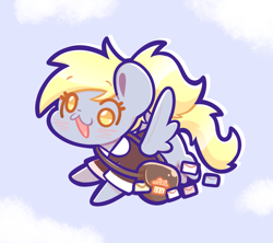 Size: 1814x1611 | Tagged: safe, artist:typhwosion, derpibooru import, derpy hooves, pegasus, pony, bag, chibi, female, flying, mailbag, mailmare, mare, open mouth, open smile, ponytail, sky background, smiling, solo