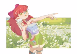 Size: 3508x2480 | Tagged: safe, artist:老人炖麻雀, derpibooru import, apple bloom, human, arched back, bandaid, bandaid on nose, bracelet, clothes, cup, daisy (flower), fence, flower, grass, hairpin, hand gesture, humanized, jewelry, open mouth, pin, shorts, solo, straw, tanktop, wrong eye color