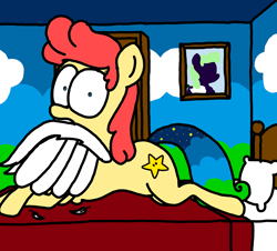 Size: 3351x3023 | Tagged: safe, artist:professorventurer, derpibooru import, oc, oc:power star, pegasus, pony, bed, feather, fluffy, grooming, preening, rule 85, super mario 64, super mario bros., wardrobe, wings