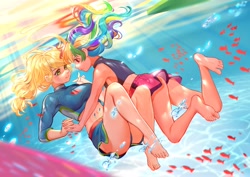 Size: 3508x2480 | Tagged: safe, artist:卯卯七, derpibooru import, applejack, rainbow dash, fish, equestria girls, appledash, applerack, barefoot, breasts, bubble, clothes, duo, feet, female, holding breath, holding hands, human coloration, lesbian, looking at each other, looking at someone, shipping, swimming, swimsuit, underwater, water