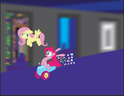 Size: 666x517 | Tagged: safe, artist:polorenzielephant, derpibooru import, fluttershy, pinkie pie, earth pony, pegasus, pony, blurry background, female, hallway, illustrator, mare, party cannon, photoshop, vector