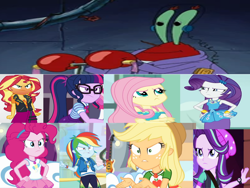 Size: 828x621 | Tagged: safe, artist:questphillips, derpibooru import, edit, edited screencap, screencap, applejack, fluttershy, pinkie pie, rainbow dash, rarity, sci-twi, starlight glimmer, sunset shimmer, twilight sparkle, human, equestria girls, angry, confrontation, female, humane eight, jellyfish hunter, male, mr. krabs, spongebob squarepants