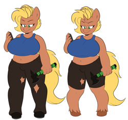 Size: 1280x1201 | Tagged: safe, artist:mukitsune, derpibooru import, oc, oc only, oc:ausrine, anthro, unguligrade anthro, unicorn, belly, belly button, big breasts, bio, blonde, blonde hair, blonde tail, breasts, brown coat, busty oc, cellphone, chubby, clothes, eyebrows, eyelashes, female, female oc, fetlock tuft, green eyes, halter top, horn, huge breasts, lidded eyes, midriff, pants, phone, shorts, simple background, smartphone, solo, tail, thighs, thunder thighs, torn clothes, unicorn oc, unshorn fetlocks, white background, wide hips, yoga pants