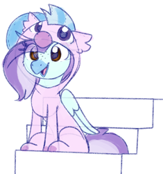 Size: 2032x2160 | Tagged: safe, artist:lbrcloud, derpibooru import, silverstream, oc, oc:ocean breeze (savygriffs), classical hippogriff, hippogriff, clothes, hippogriff oc, hoodie, onesie, simple background, sitting, sketch, solo, stairs, white background