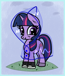 Size: 1700x2000 | Tagged: safe, artist:scandianon, derpibooru import, twilight sparkle, unicorn twilight, pony, unicorn, clothes, cloud, cute, female, looking at you, mare, outdoors, passepartout, poncho, rain, raincoat, shoes, smiling, smiling at you