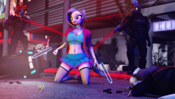 Size: 2560x1440 | Tagged: safe, artist:scarlet twinkle, derpibooru import, oc, oc:lucy lash, anthro, earth pony, 3d, breasts, caught, cleavage, clothes, cyberpunk, defeat, fishnet stockings, halter top, kneeling, laser, miniskirt, outdoors, police, police officer, purple hair, skirt, stockings, swat, thigh highs