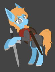 Size: 1134x1480 | Tagged: safe, artist:enragement filly, derpibooru import, oc, oc:foul play, earth pony, pony, armor, dungeons and dragons, female, pen and paper rpg, rpg, scar, shield, sword, weapon