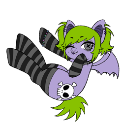 Size: 1300x1300 | Tagged: safe, artist:sillybugdrawz, derpibooru import, oc, oc only, oc:bug brainz, bat pony, bags under eyes, bracelet, clothes, collar, ear piercing, emo, eyelashes, eyeshadow, floating, jewelry, looking at you, makeup, nonbinary, one eye closed, piercing, pigtails, ponysona, pose, scemo, simple background, skull and crossbones, socks, solo, striped socks, thigh highs, tongue, tongue out, transparent background, wink, winking at you, x eyes