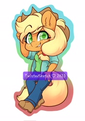 Size: 1432x2048 | Tagged: safe, artist:twisted-sketch, derpibooru import, applejack, anthro, earth pony, plantigrade anthro, cute, female, grin, hand on hip, jackabetes, looking at you, mare, simple background, smiling, smiling at you, solo, white background