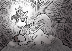 Size: 1120x800 | Tagged: safe, artist:tenrulle, derpibooru import, twilight sparkle, twilight sparkle (alicorn), alicorn, pony, abstract background, big crown thingy, black and white, chained, chains, clothes, dress, element of magic, grayscale, jewelry, monochrome, regalia, sad, slay the princess, tired