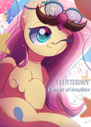 Size: 1800x2500 | Tagged: safe, artist:miryelis, derpibooru import, fluttershy, pegasus, pony, magical mystery cure, :3, balloon, big eyes, cute, female, long hair, mare, pinkie pie's cutie mark, shyabetes, simple background, smiling, solo, swapped cutie marks, text, white background