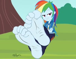 Size: 1134x884 | Tagged: safe, artist:yungdeez, derpibooru import, rainbow dash, human, equestria girls, g4, barefoot, clothes, feet, fetish, foot fetish, foot focus, looking at you, park, singing, soles, toes, wiggling toes