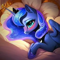 Size: 3072x3072 | Tagged: safe, ai content, derpibooru import, generator:purplesmart.ai, generator:stable diffusion, machine learning generated, princess luna, pony, g4, beautiful, bed, blushing, ethereal mane, in bed, looking at you