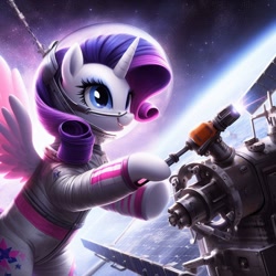 Size: 1024x1024 | Tagged: safe, ai content, derpibooru import, generator:bing image creator, generator:dall-e 3, machine learning generated, rarity, alicorn, pony, g4, alicornified, astronaut, female, mare, planet, race swap, raricorn, satellite, solar battery, solar panel, solo, space, space helmet, spacesuit, spread wings, tail, wings