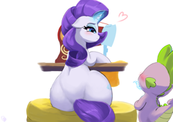 Size: 1130x800 | Tagged: safe, artist:dulldi, derpibooru import, rarity, spike, dragon, pony, unicorn, g4, blushing, butt, female, male, mare, plot, rearity, sewing machine, shipping, simple background, sparity, straight, white background, wide hips