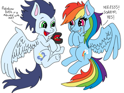 Size: 959x720 | Tagged: safe, artist:darindashiedo, artist:dasher666, derpibooru import, edit, rainbow dash, soarin', pegasus, pony, g4, female, male, mare, marriage proposal, shipping, simple background, soarindash, stallion, straight, white background