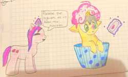 Size: 1014x610 | Tagged: safe, artist:bitter sweetness, derpibooru import, oc, oc only, oc:bitter sweetness, pony, unicorn, adult foal, cupcake, diaper, eyes closed, food, glowing, glowing horn, graph paper, green eyes, horn, magic, non-baby in diaper, open mouth, open smile, smiling, soap, spanish, spanish text, speech bubble, telekinesis, traditional art, translated in the description