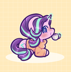 Size: 1849x1874 | Tagged: safe, artist:typhwosion, derpibooru import, starlight glimmer, pony, unicorn, g4, chibi, clothes, cup, female, mare, patterned background, solo, sweater, teacup