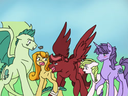 Size: 1024x768 | Tagged: safe, artist:kianamai, artist:nightshadetheranger, derpibooru import, oc, oc only, oc:amber lily, oc:anthea, oc:hot head, oc:lucky star, oc:turquoise blitz, dracony, dragon, earth pony, hybrid, pegasus, pony, unicorn, adopted offspring, angry, bandage, blushing, braid, colored, female, interspecies offspring, kilalaverse, male, mare, next generation, offspring, parent:fluttershy, parent:oc:azalea, parent:oc:berry vine, parent:oc:candle wick, parent:oc:day dream, parent:oc:flashpoint, parent:oc:fortune hunter, parent:oc:herb, parent:oc:isis quartz, parent:rarity, parent:spike, parents:oc x oc, parents:sparity, snorting, stallion, surprised