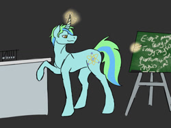 Size: 1024x768 | Tagged: safe, artist:nightshadetheranger, derpibooru import, oc, oc only, oc:cosmic atom, pony, unicorn, chalkboard, levitation, magic, male, stallion, telekinesis