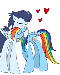 Size: 720x889 | Tagged: safe, artist:dasher666, artist:jayesixx, derpibooru import, edit, rainbow dash, soarin', pegasus, pony, g4, female, hug, long legs, male, mare, shipping, simple background, soarindash, stallion, straight, white background