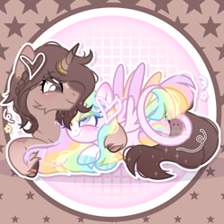Size: 3310x3310 | Tagged: safe, artist:star.fawns, derpibooru import, oc, oc only, oc:aurora daydream, oc:butterscotch brandy, pegasus, pony, unicorn, base used, blaze (coat marking), blue eyes, blush lines, blushing, brown background, brown eyes, cheek fluff, closed mouth, coat markings, colored eyelashes, colored hooves, colored pupils, couple, cuddling, duo, ear piercing, earring, facial markings, freckles, gradient horn, gradient legs, gradient mane, gradient tail, grid, hoof polish, horn, horn ring, jewelry, leonine tail, lightly watermarked, looking at each other, looking at someone, mealy mouth (coat marking), mlp oc, multicolored hair, oc x oc, pegasus oc, piercing, purple eyes, rainbow hair, ring, romantic, shipping, simple background, smiling, sparkly mane, sparkly tail, star (coat marking), stars, tail, unicorn oc, watermark